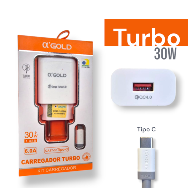 Carregador Celular Tipo C iPhone Samsung Turbo 30w Cabo 1m + Fonte