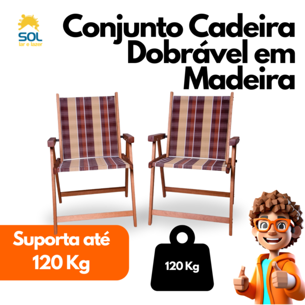 Conjunto 2 Cadeira de Varanda ou Sacada em Madeira Dobrável Suporta 120kg Cor Marrom Sol Lar e Lazer