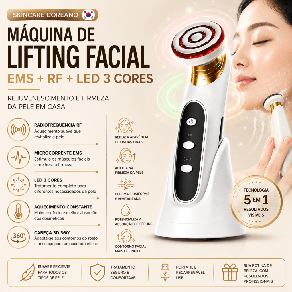 Aparelho Lifting Facial EMS Radiofrequência LED 3 Cores Anti-Rugas - Essencial Trends
