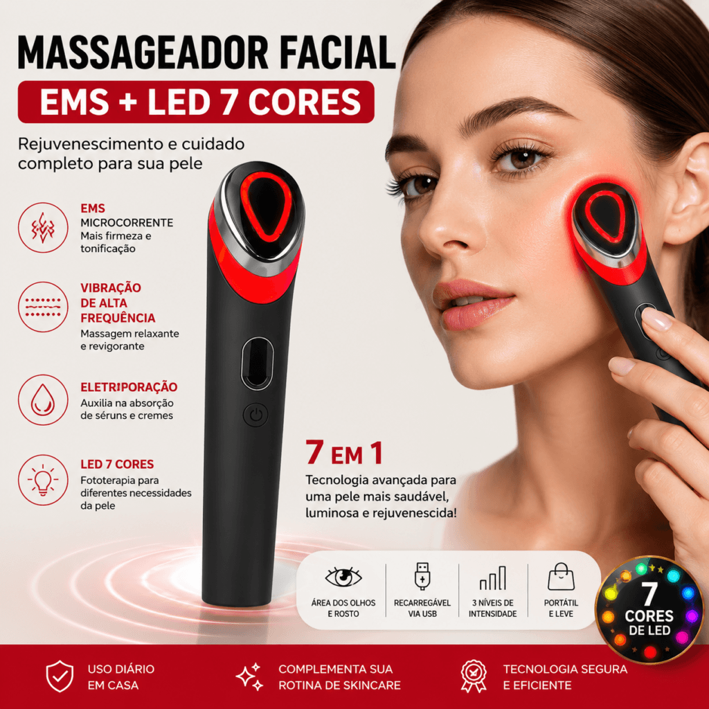 Caneta Massageador Coreano Facial e Área dos Olhos com EMS + LED 7 Cores Recarregável USB - Essencial Trends