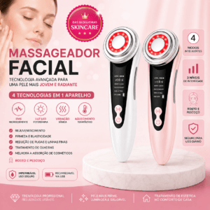 Aparelho Massageador Facial e Pescoço EMS + LED + Vibração + Aquecimento - Essencial Trends