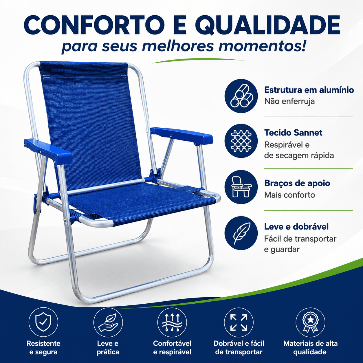 Cadeira de Praia Alta em Alumínio Tecido Liso Sannet - Essencial Trends