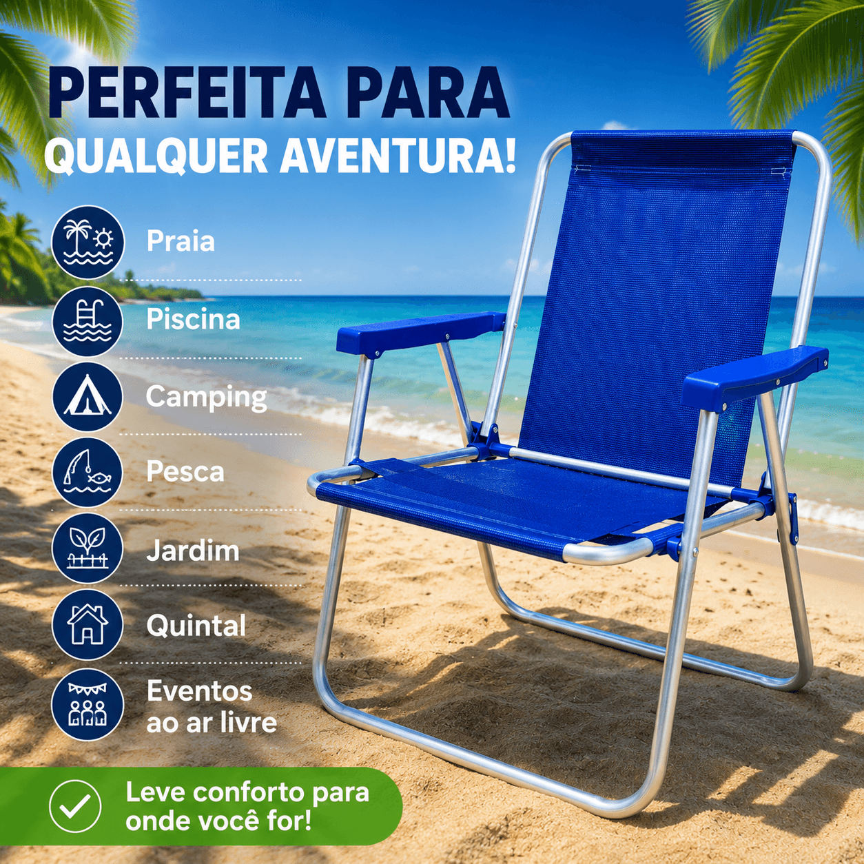 Cadeira de Praia Alta em Alumínio Tecido Liso Sannet - Essencial Trends