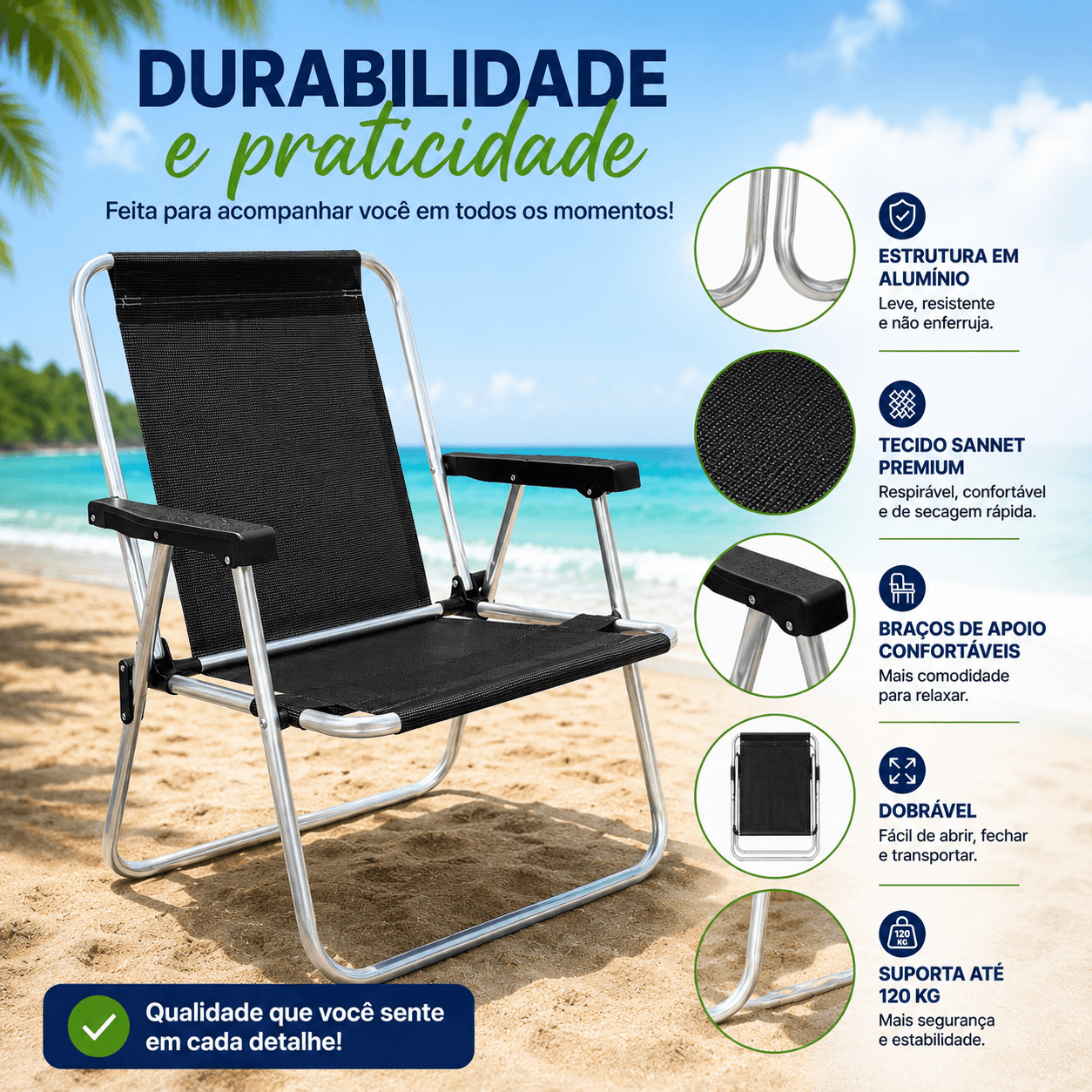 Cadeira de Praia Alta em Alumínio Tecido Liso Sannet - Essencial Trends