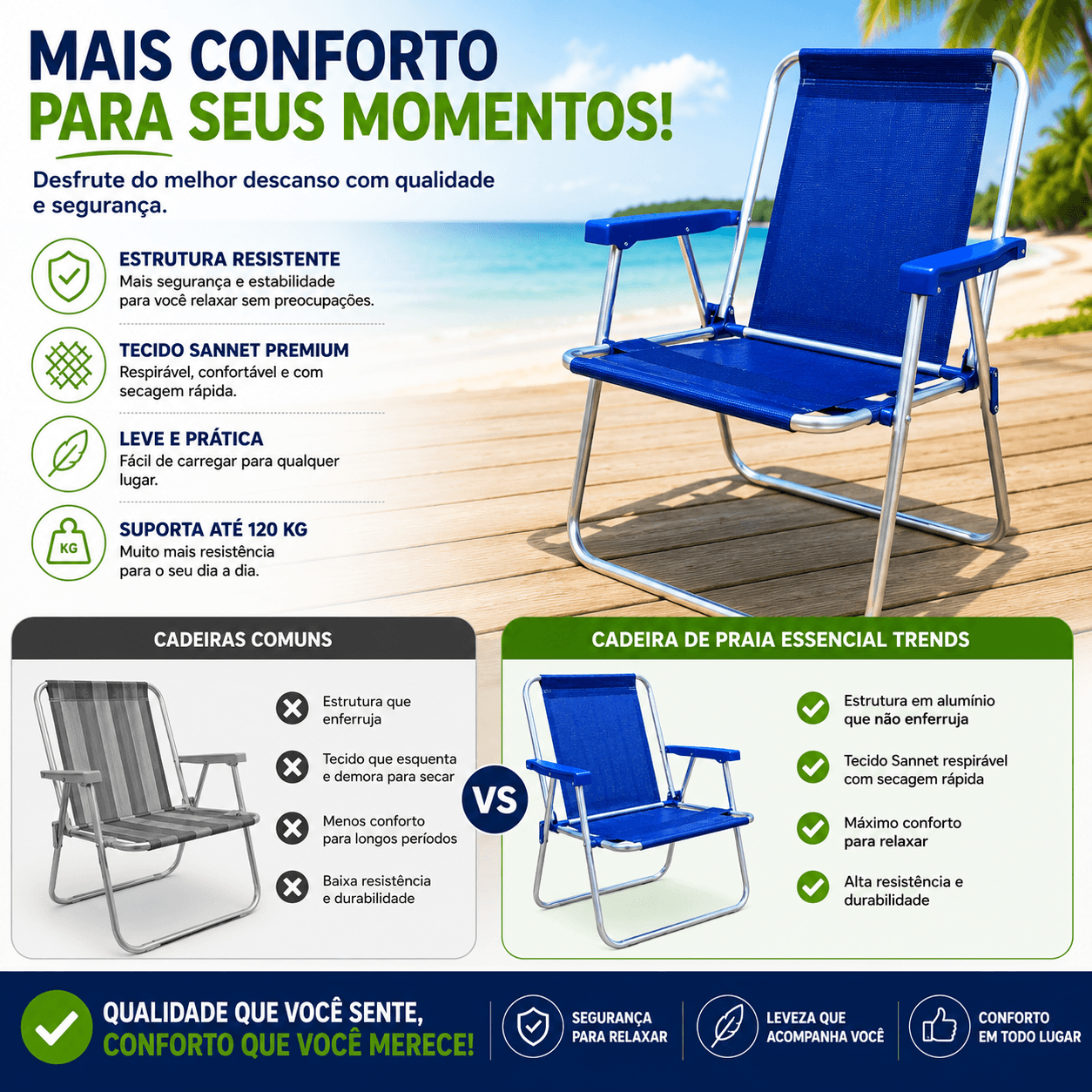 Cadeira de Praia Alta em Alumínio Tecido Liso Sannet - Essencial Trends