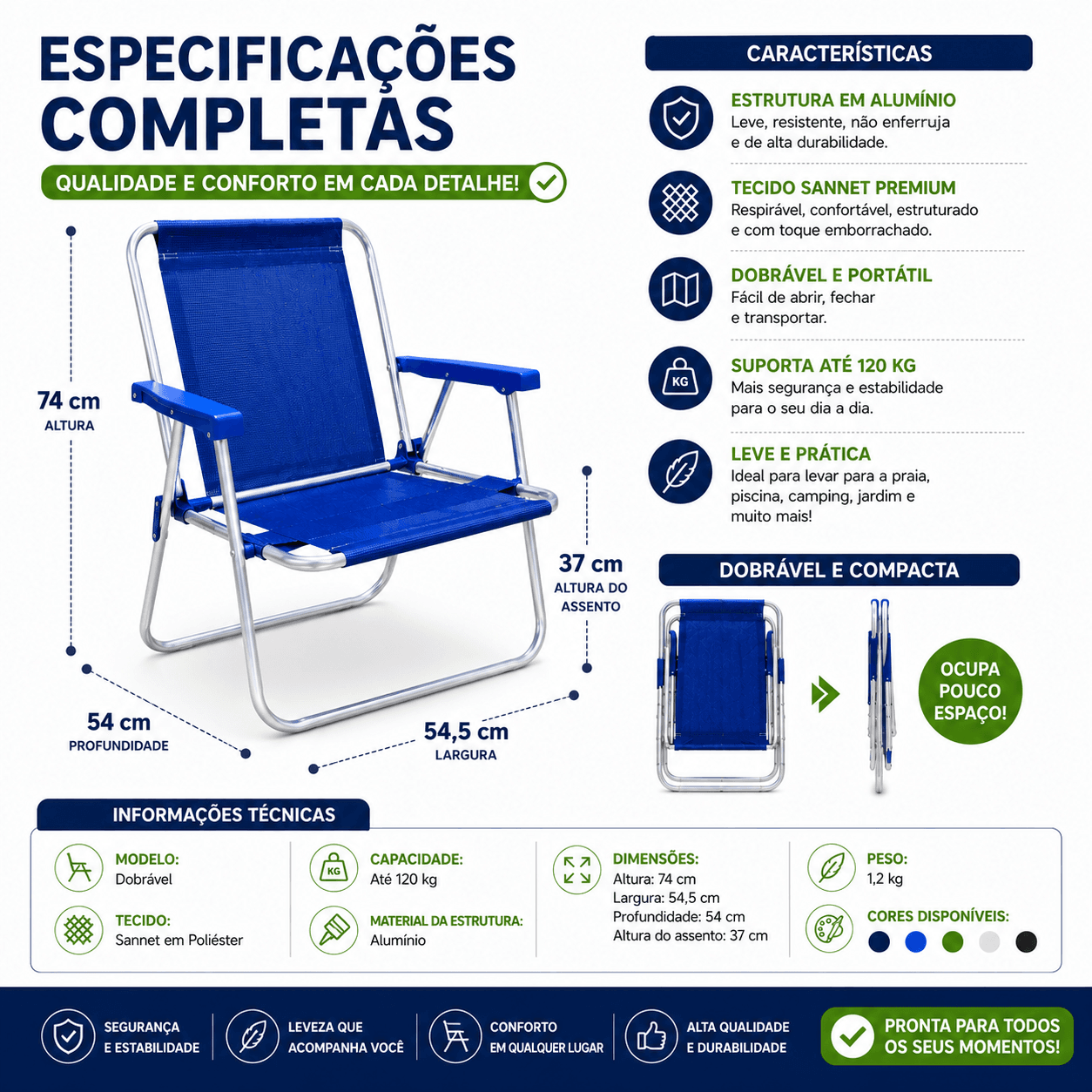 Cadeira de Praia Alta em Alumínio Tecido Liso Sannet - Essencial Trends