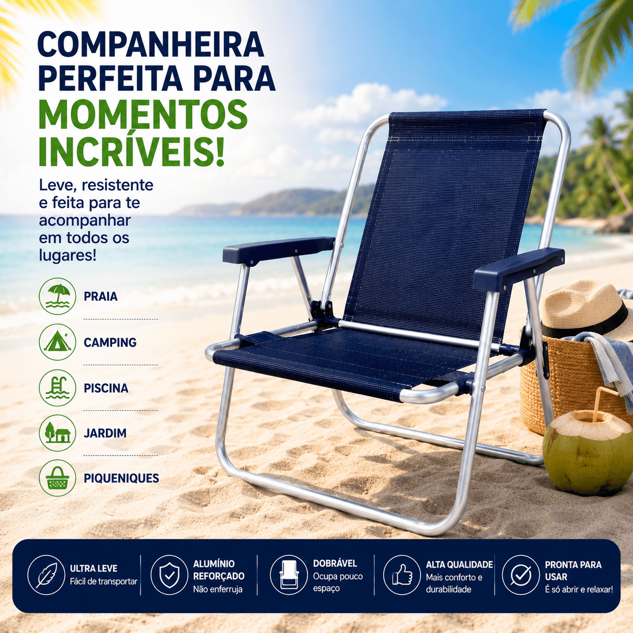 Cadeira de Praia Alta em Alumínio Tecido Liso Sannet - Essencial Trends