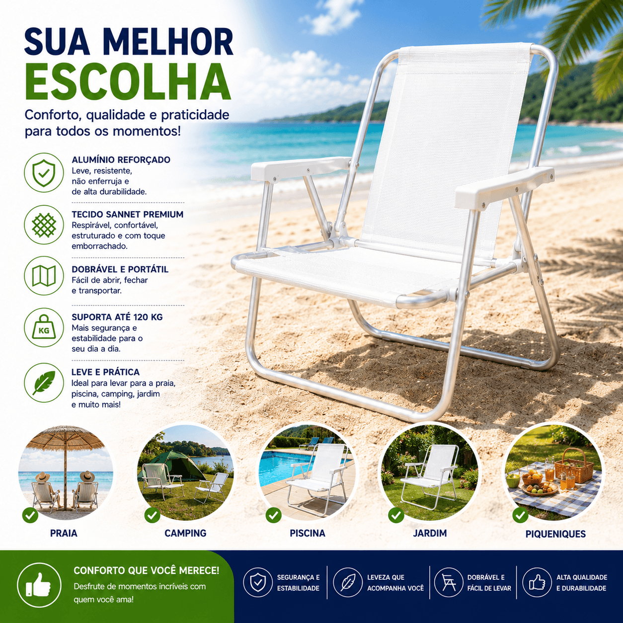 Cadeira de Praia Alta em Alumínio Tecido Liso Sannet - Essencial Trends