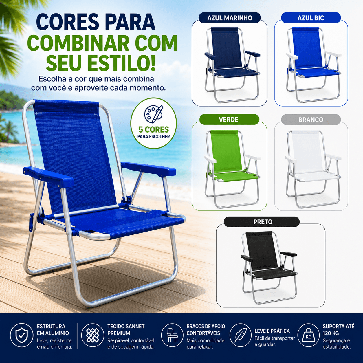 Cadeira de Praia Alta em Alumínio Tecido Liso Sannet - Essencial Trends