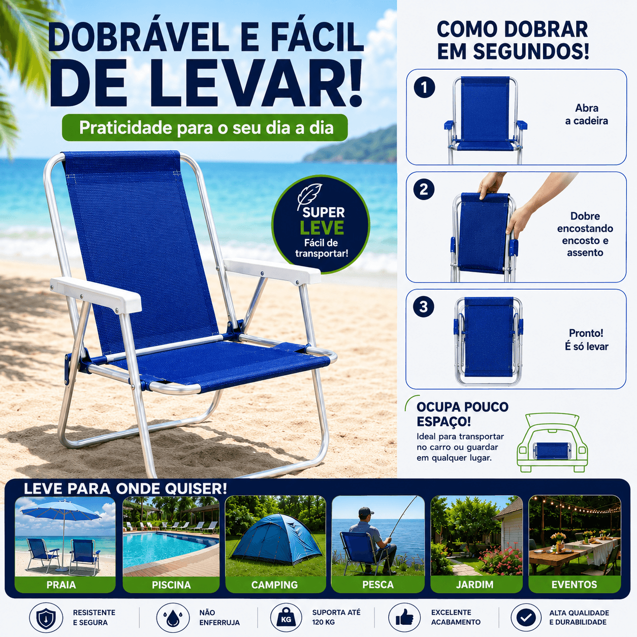 Cadeira de Praia Alta em Alumínio Tecido Liso Sannet - Essencial Trends