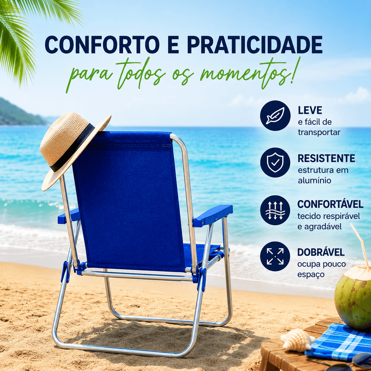 Cadeira de Praia Alta em Alumínio Tecido Liso Sannet - Essencial Trends