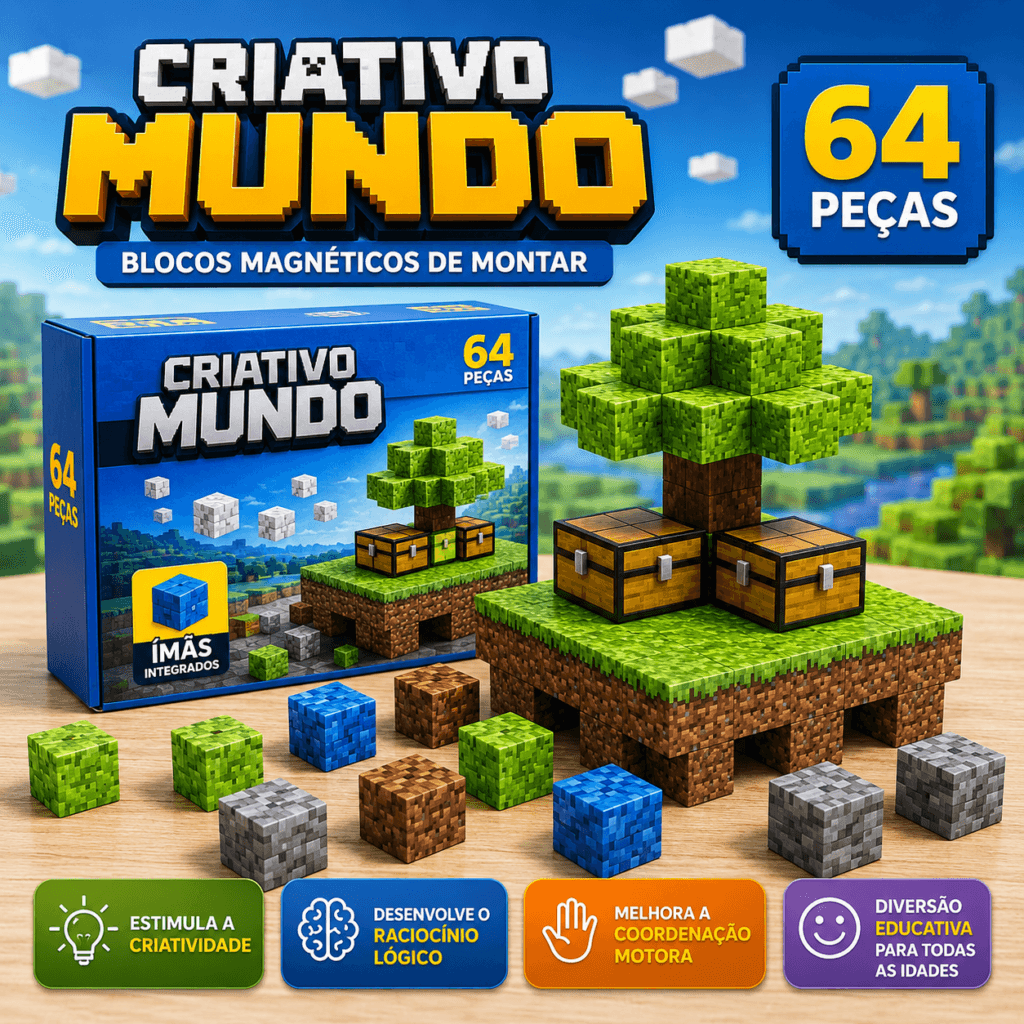 Blocos Magnéticos Mineblocks 64 Peças Tipo Minecraft - Essencial Trends