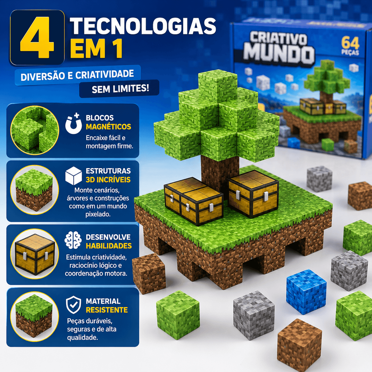 Blocos Magnéticos Mineblocks 64 Peças Tipo Minecraft - Essencial Trends