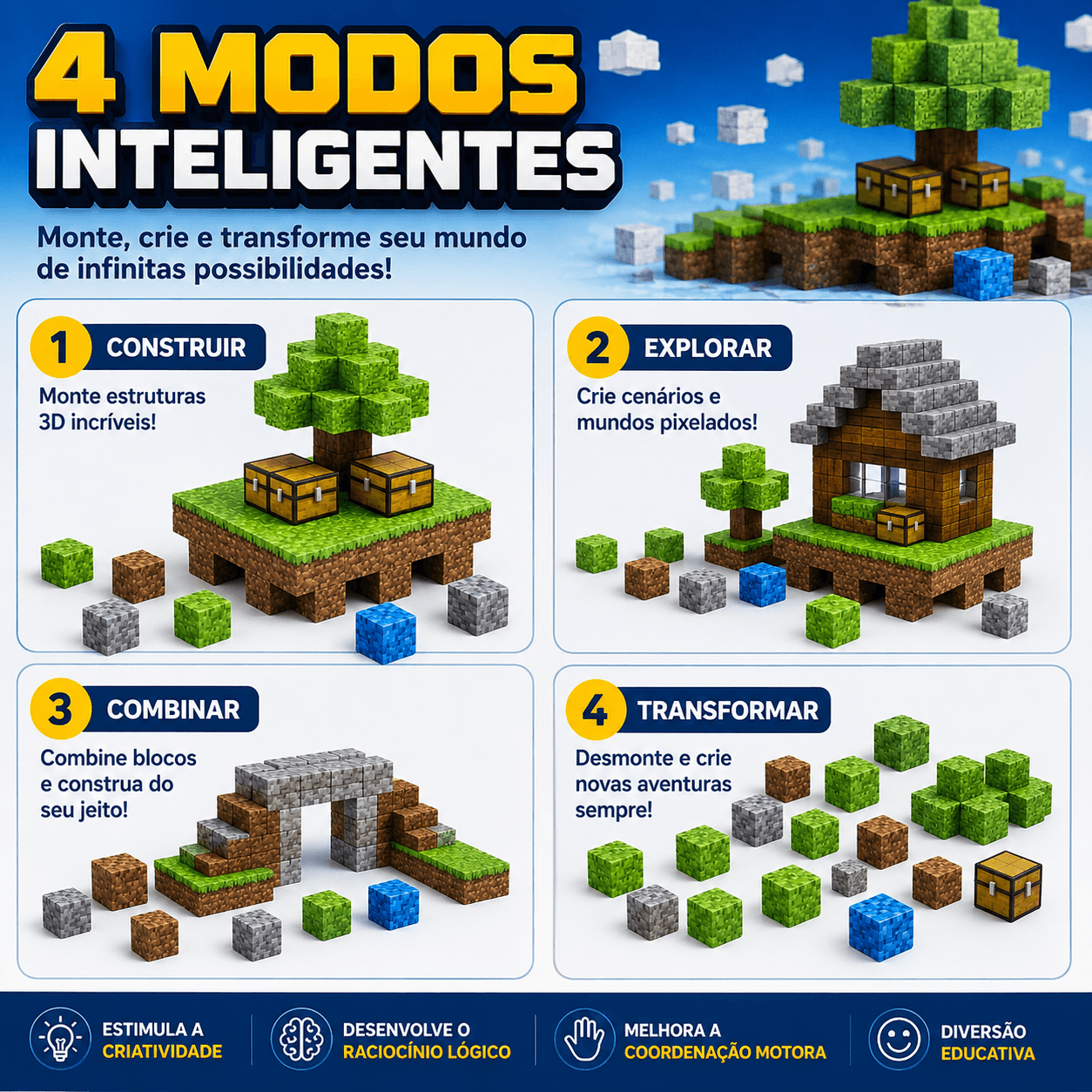 Blocos Magnéticos Mineblocks 64 Peças Tipo Minecraft - Essencial Trends