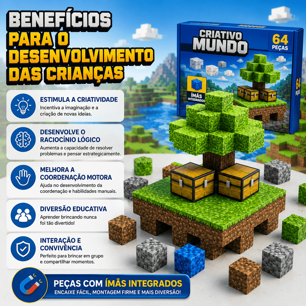 Blocos Magnéticos Mineblocks 64 Peças Tipo Minecraft - Essencial Trends
