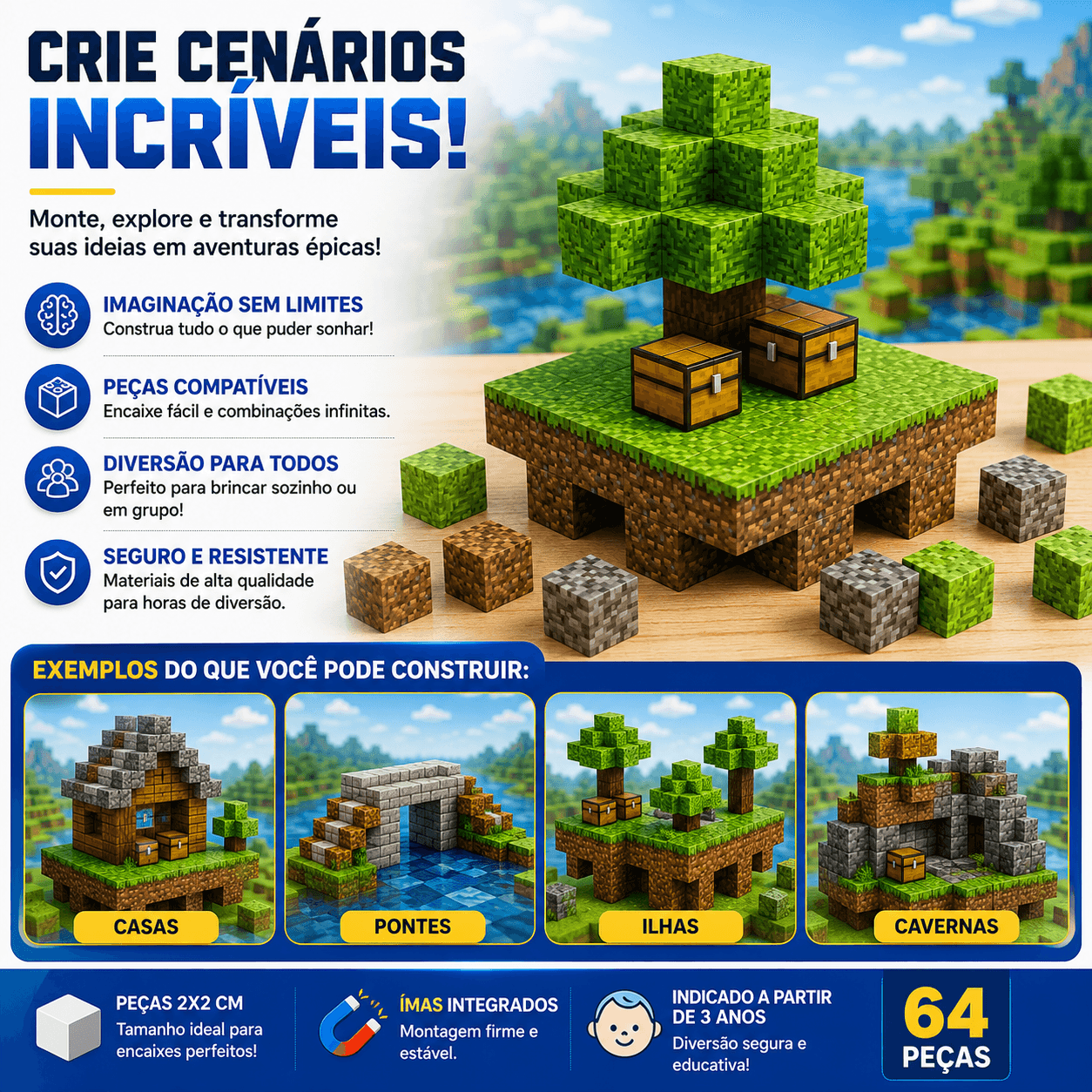 Blocos Magnéticos Mineblocks 64 Peças Tipo Minecraft - Essencial Trends