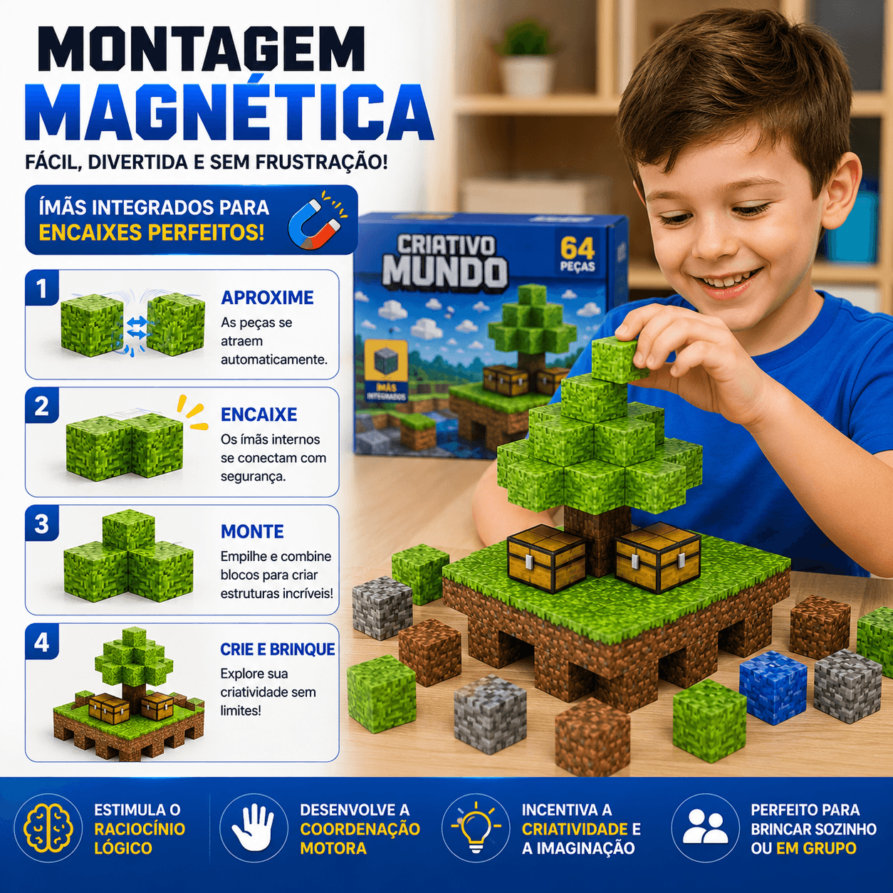 Blocos Magnéticos Mineblocks 64 Peças Tipo Minecraft - Essencial Trends
