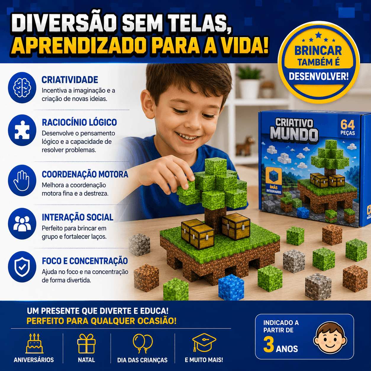Blocos Magnéticos Mineblocks 64 Peças Tipo Minecraft - Essencial Trends