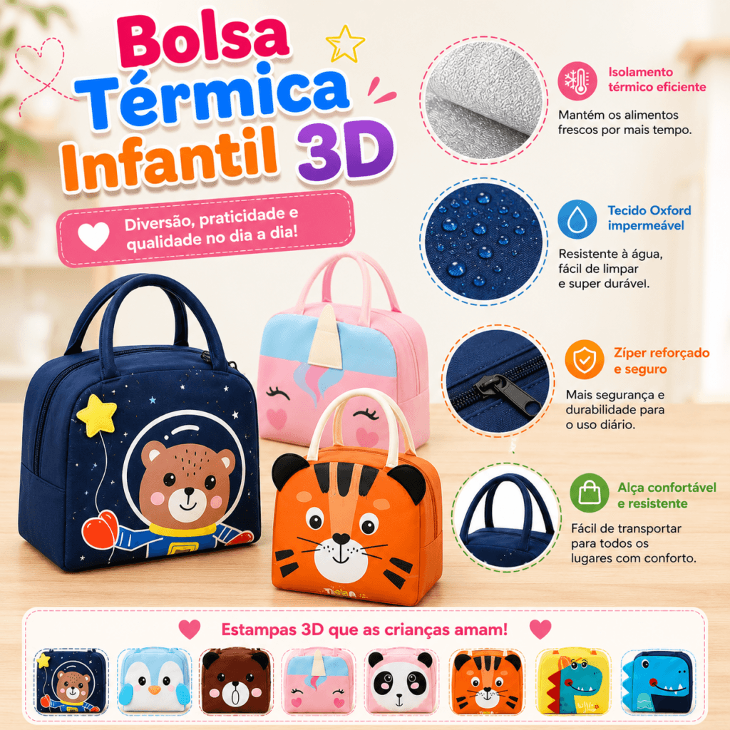 Bolsa Térmica Infantil Lancheira Escolar Marmita C/ Alça e Estampas Animais Fofos 3D - Essencial Trends