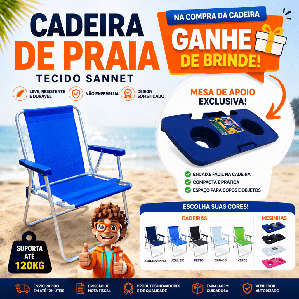 Kit Cadeira de Praia Alumínio Tecido Sannet Liso e Mesa de Apoio Porta Copos - Essencial Trends