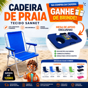 Kit Cadeira de Praia Alumínio Tecido Sannet Liso e Mesa de Apoio Porta Copos - Essencial Trends