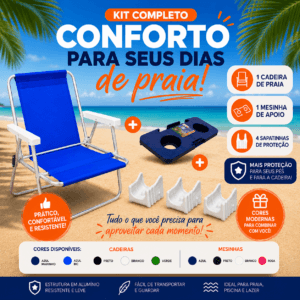 Kit Cadeira de Praia Alta Alumínio com Mesa de Apoio Portátil e Sapatas Protetor de Pé - Essencial Trends