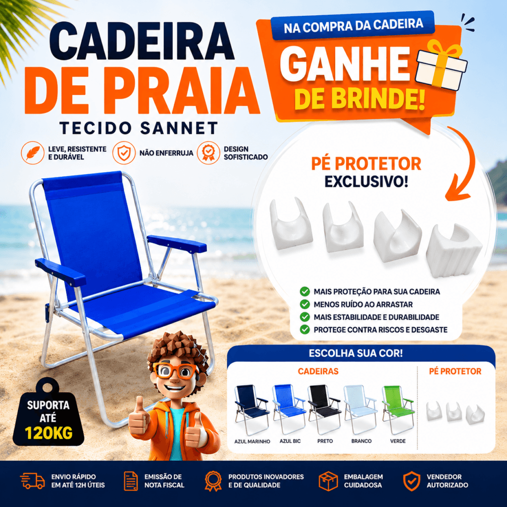 Kit Cadeira de Praia Alumínio Tecido Sannet e Sapatas Protetor de Pé - Essencial Trends