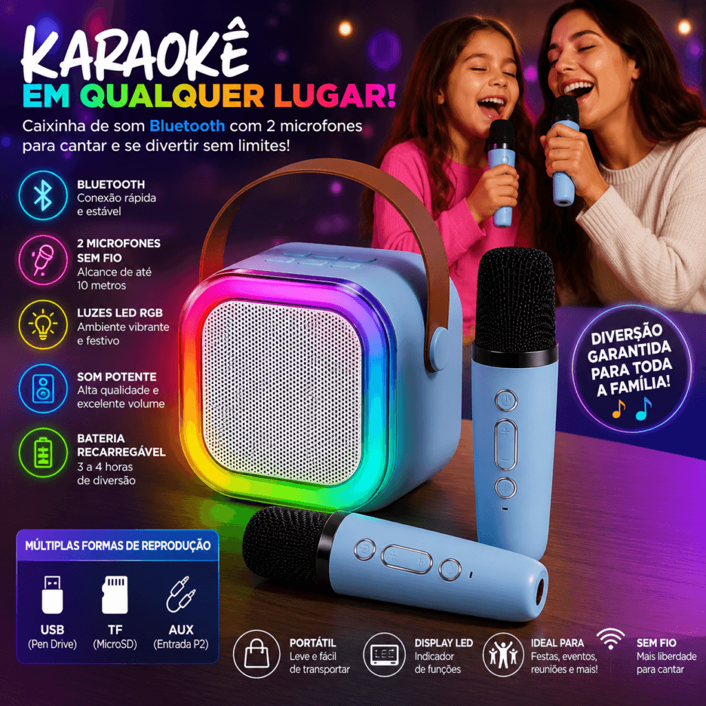 Caixa de Som Karaokê Bluetooth com 2 Microfones
