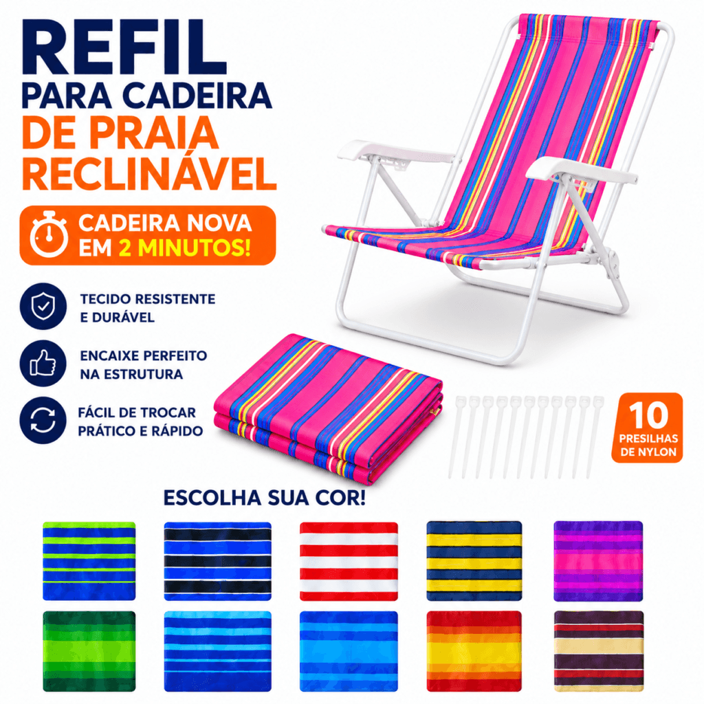 Kit Tela Refil Tecido Cadeira de Praia Reclinável Alta ou Deitar Regulável 2 em 1 - Essencial Trends