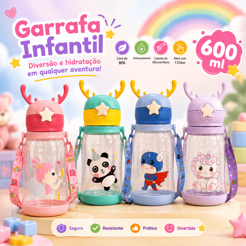 Garrafa Infantil 600ml Canudo Silicone Antivazamento Alça - Essencial Trends