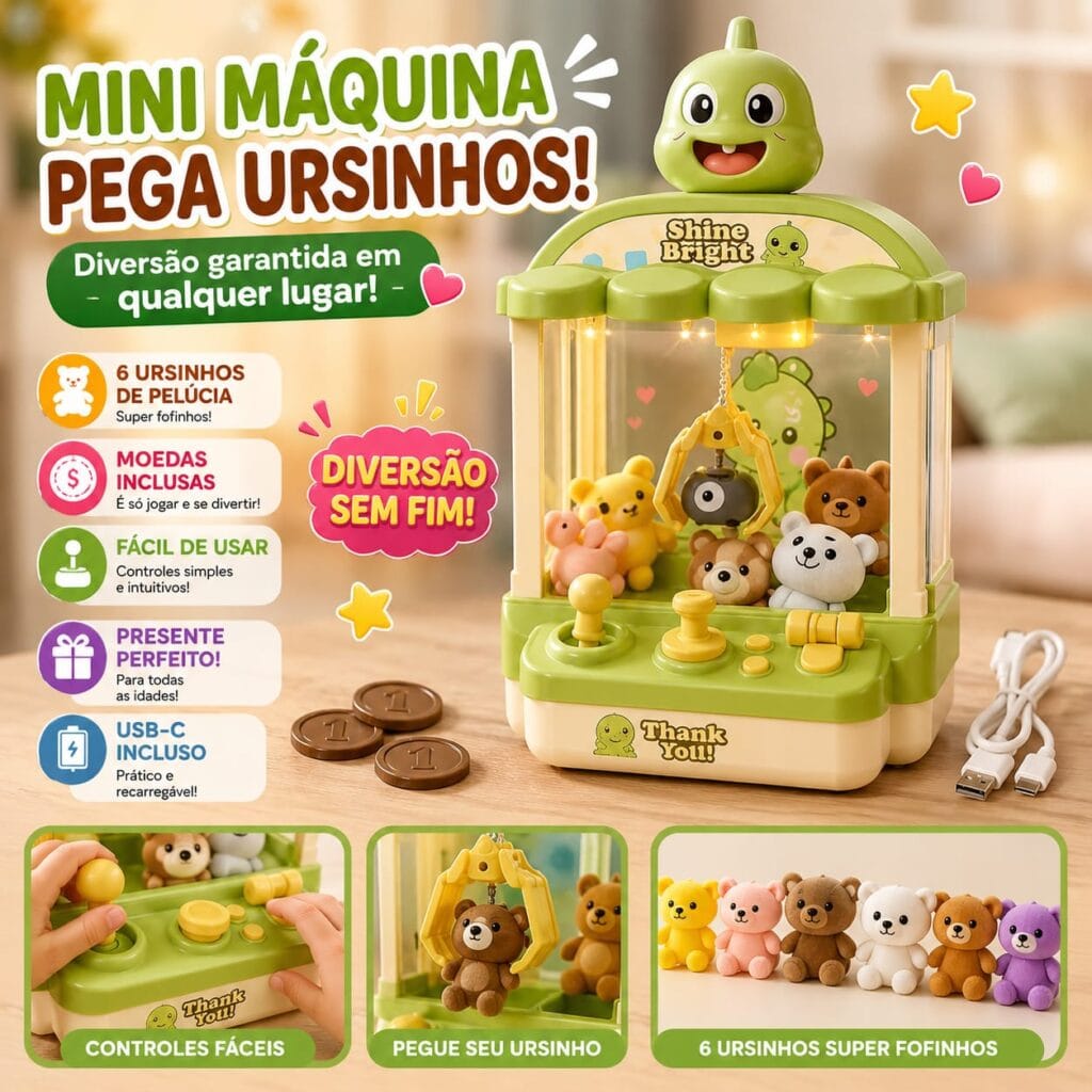 Mini Máquina de Pegar Ursinhos Infantil com Garra, Som e Pelúcias - Essencial Trends