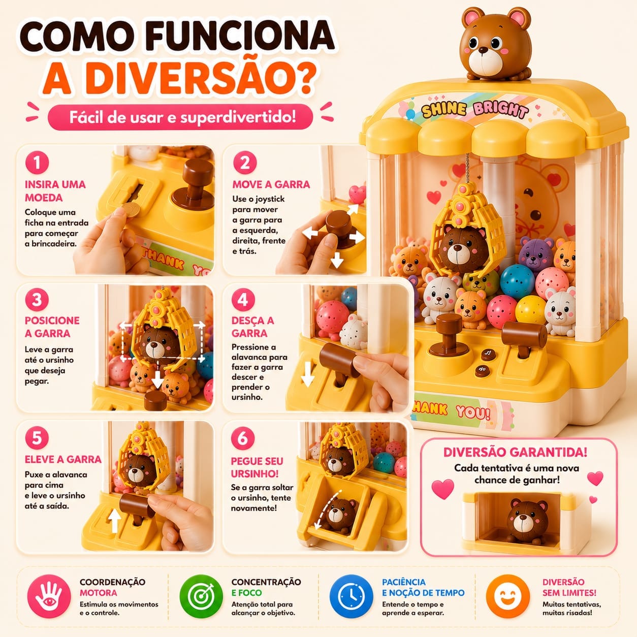 Mini Máquina de Pegar Ursinhos Infantil com Garra, Som e Pelúcias - Essencial Trends