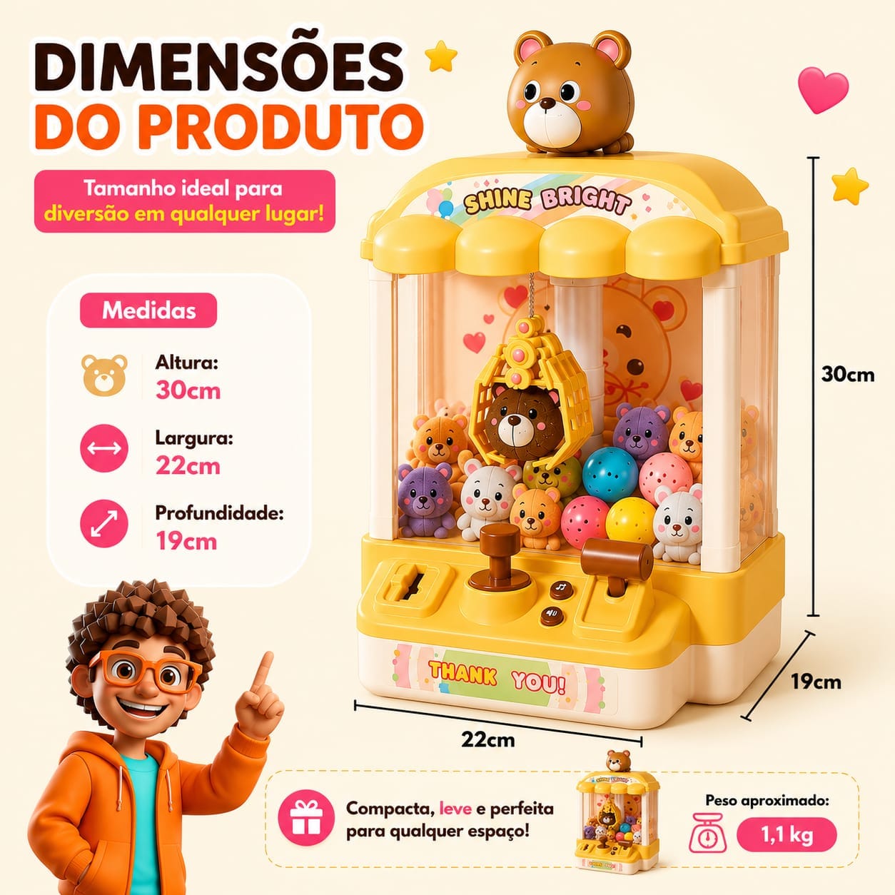 Mini Máquina de Pegar Ursinhos Infantil com Garra, Som e Pelúcias - Essencial Trends