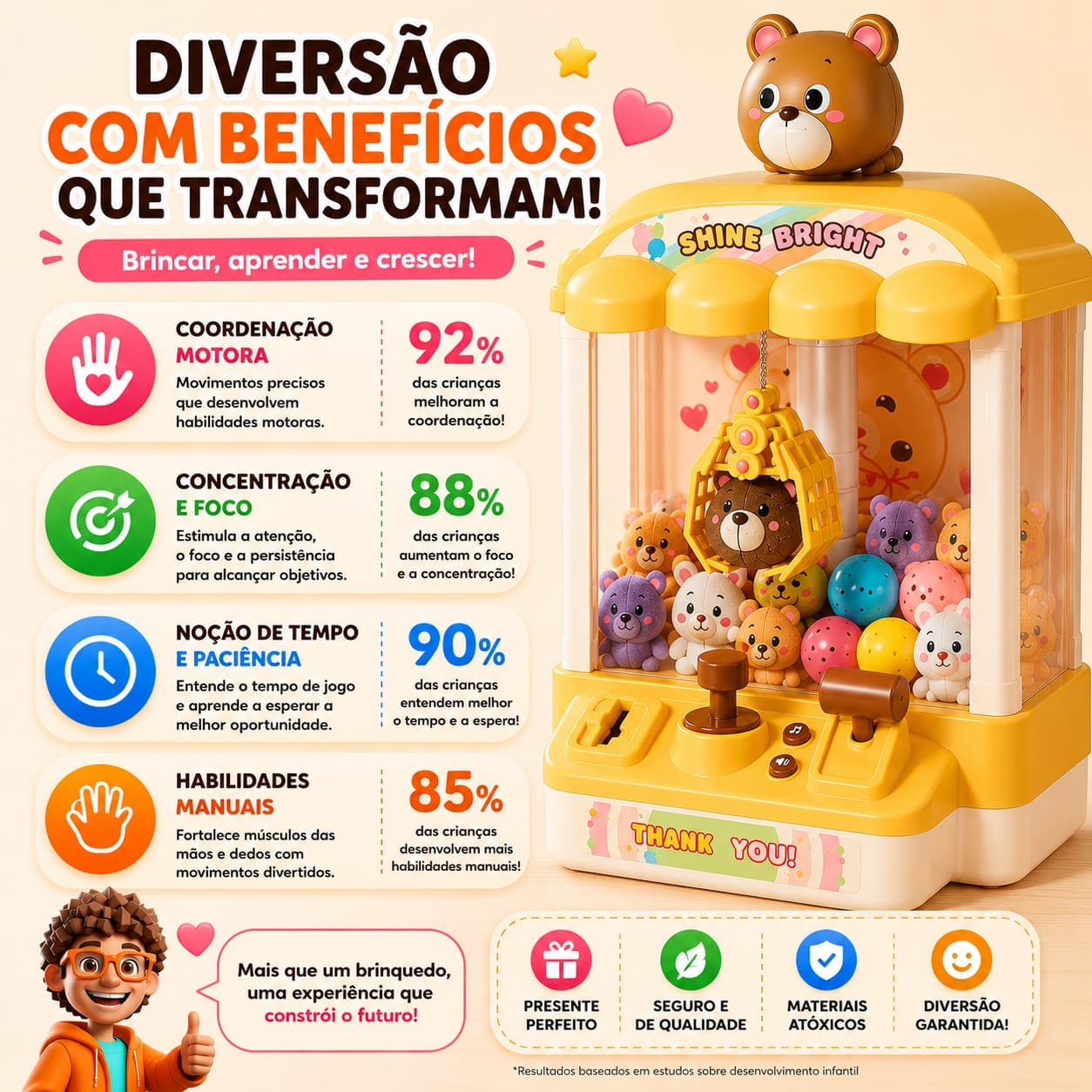 Mini Máquina de Pegar Ursinhos Infantil com Garra, Som e Pelúcias - Essencial Trends