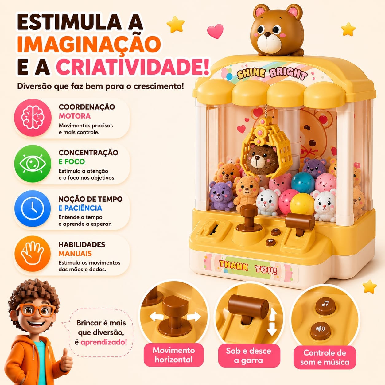 Mini Máquina de Pegar Ursinhos Infantil com Garra, Som e Pelúcias - Essencial Trends