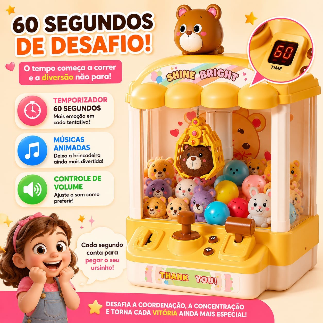 Mini Máquina de Pegar Ursinhos Infantil com Garra, Som e Pelúcias - Essencial Trends