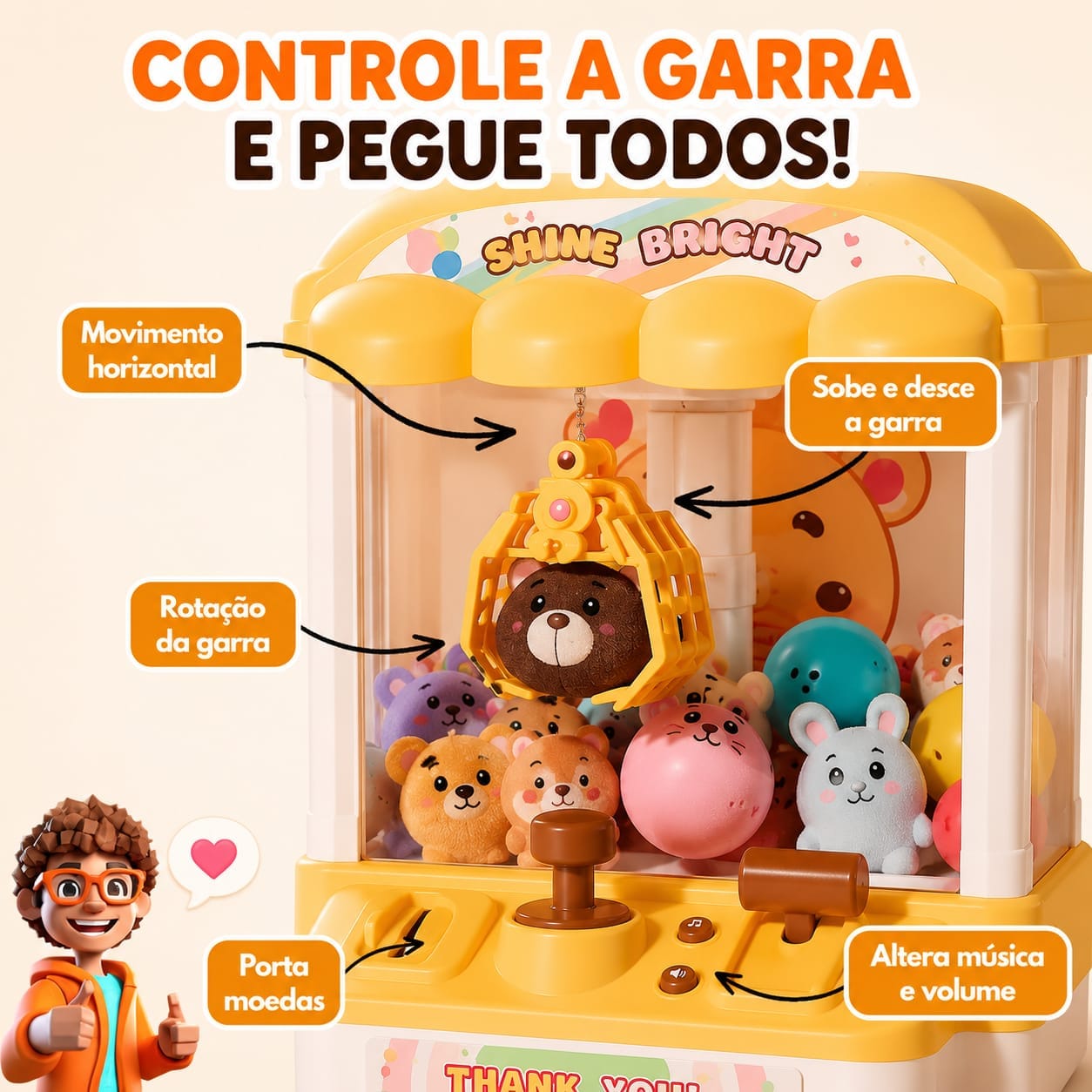 Mini Máquina de Pegar Ursinhos Infantil com Garra, Som e Pelúcias - Essencial Trends