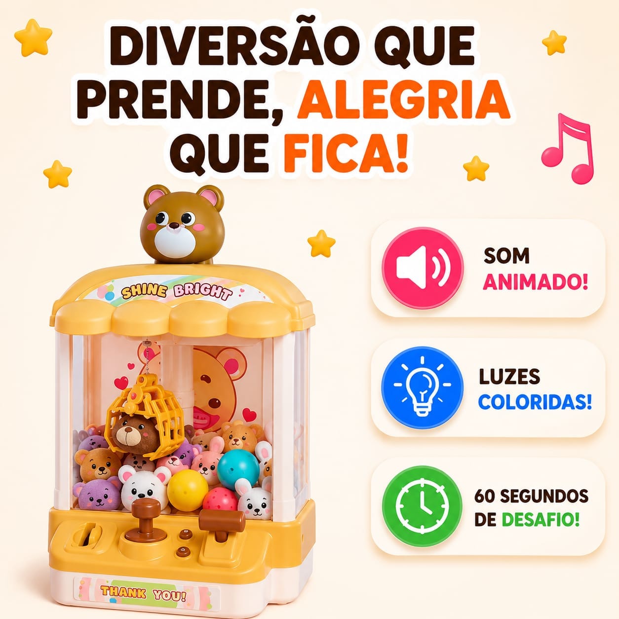 Mini Máquina de Pegar Ursinhos Infantil com Garra, Som e Pelúcias - Essencial Trends