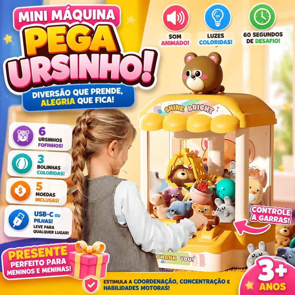 Mini Máquina de Pegar Ursinhos Infantil com Garra, Som e Pelúcias - Essencial Trends