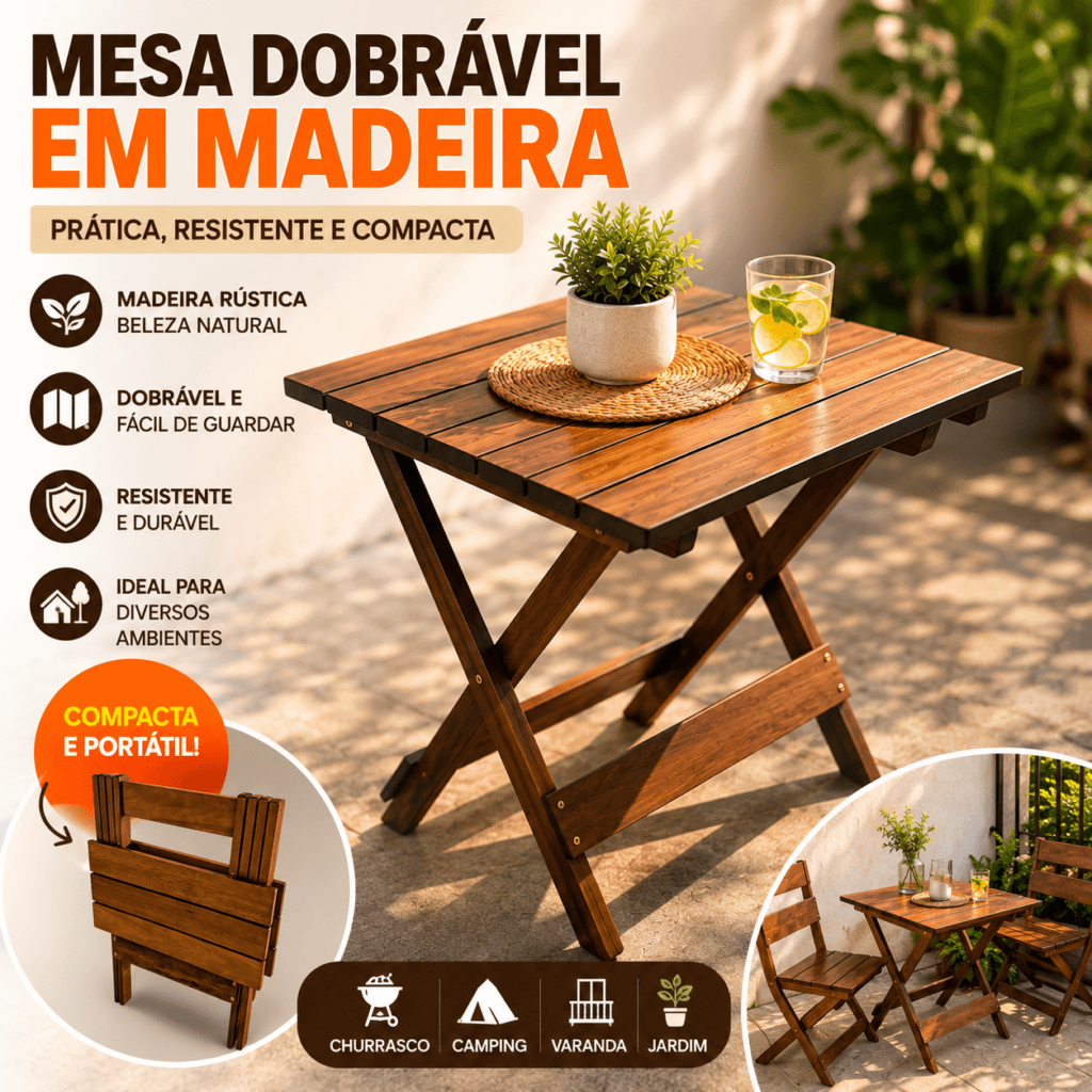 Mesa Dobrável de Madeira Maciça - Essencial Trends