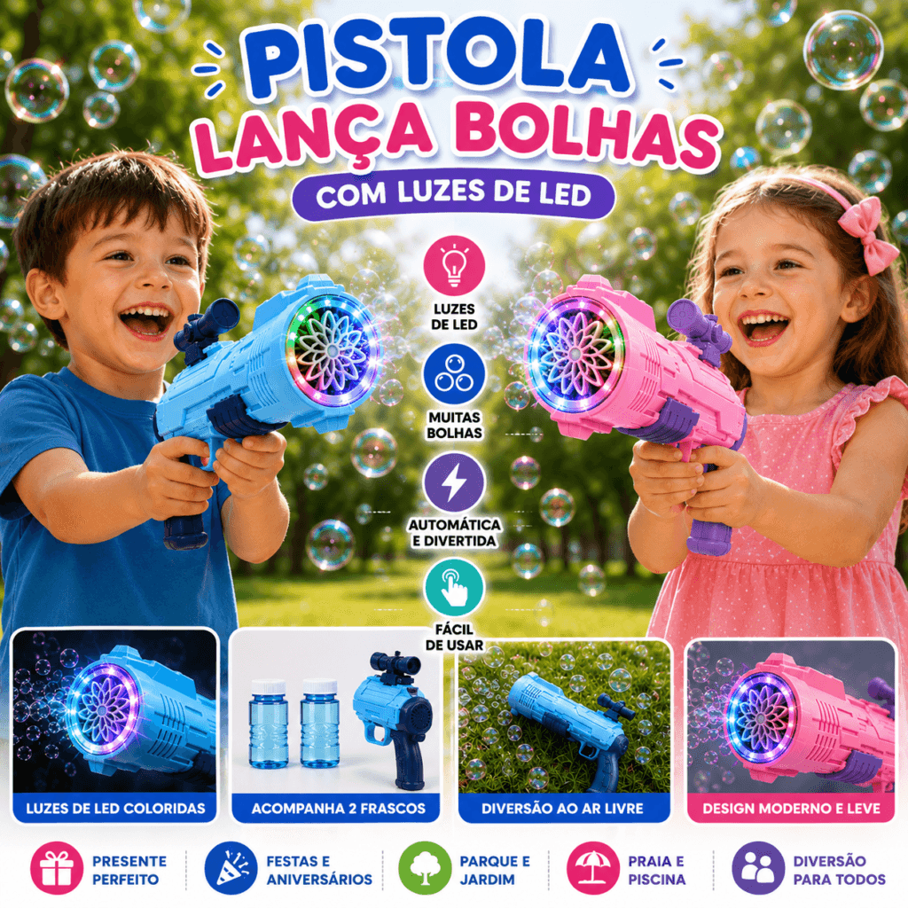 Pistola Bolha de Sabão com Led Colorido e Líquido de Bolhas - Essencial Trends