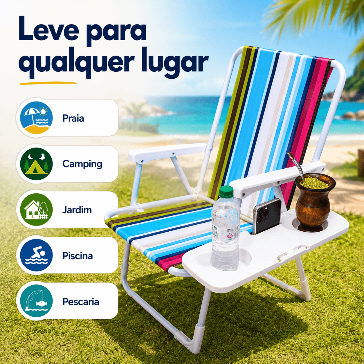 Mesa Portátil Apoio para Cadeira de Alumínio de Praia com Porta Objetos Copo Celular Cuia - Essencial Trends