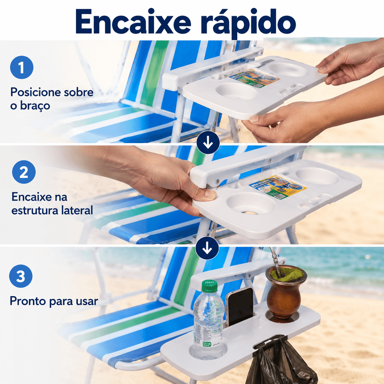 Mesa Portátil Apoio para Cadeira de Alumínio de Praia com Porta Objetos Copo Celular Cuia - Essencial Trends