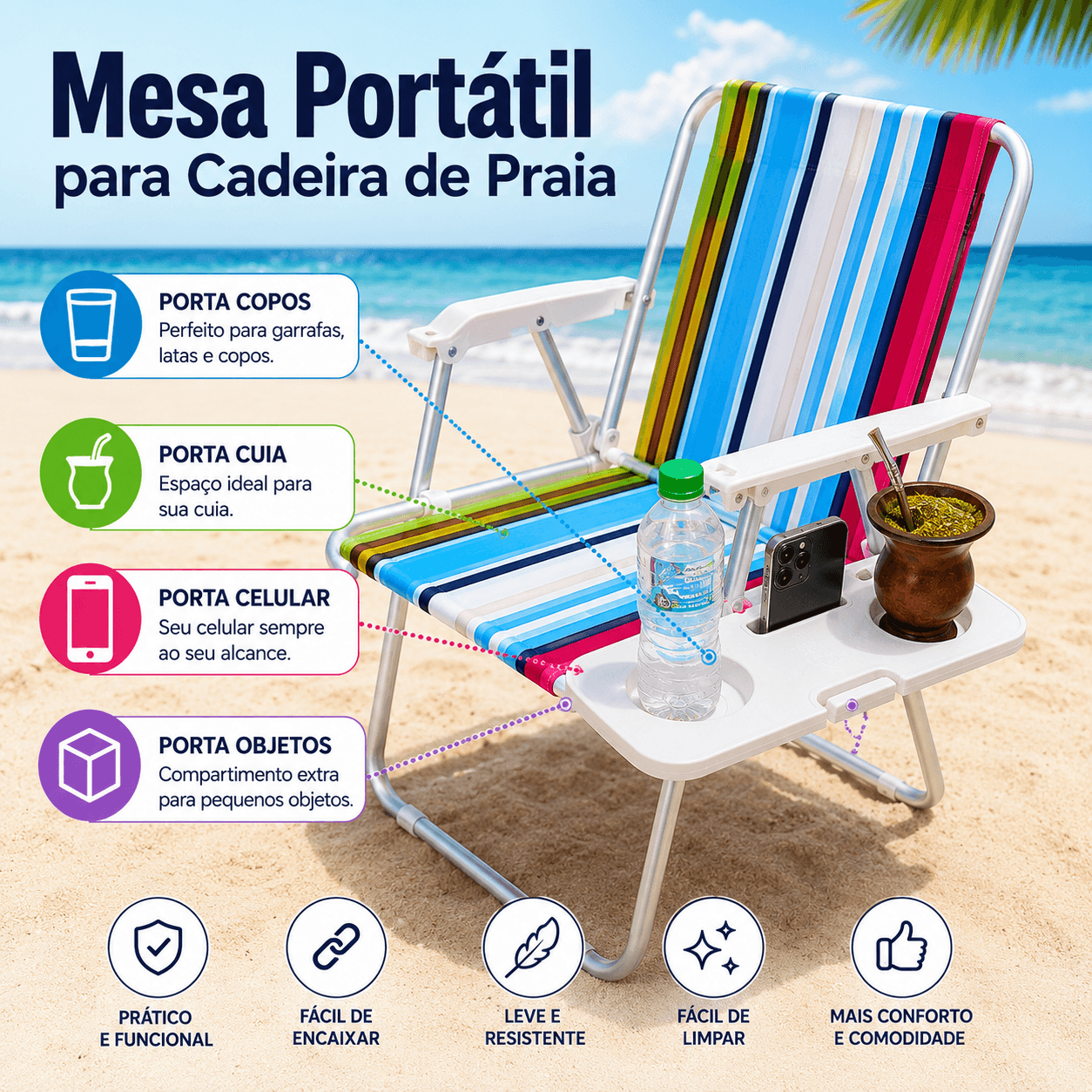 Mesa Portátil Apoio para Cadeira de Alumínio de Praia com Porta Objetos Copo Celular Cuia - Essencial Trends