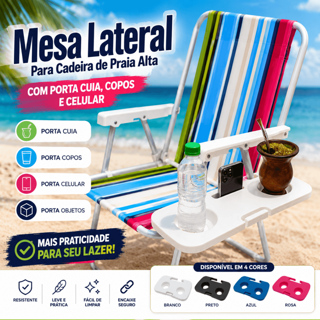 Mesa Portátil Apoio para Cadeira de Alumínio de Praia com Porta Objetos Copo Celular Cuia - Essencial Trends