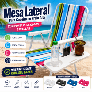 Mesa Portátil Apoio para Cadeira de Alumínio de Praia com Porta Objetos Copo Celular Cuia - Essencial Trends